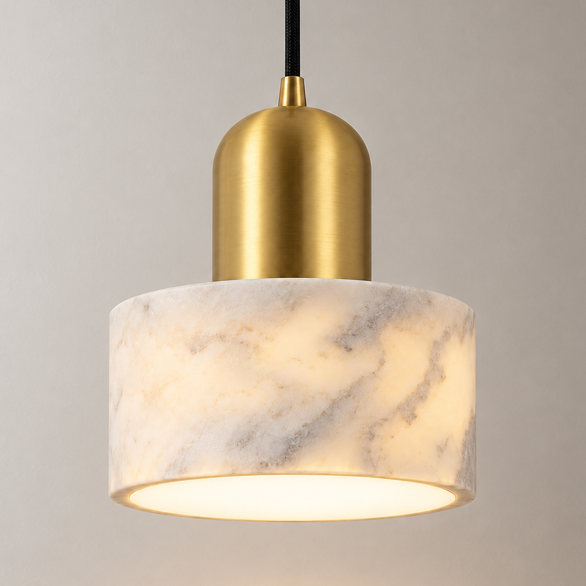 Milo Marble Drum Pendant Light, white marble, studio photo