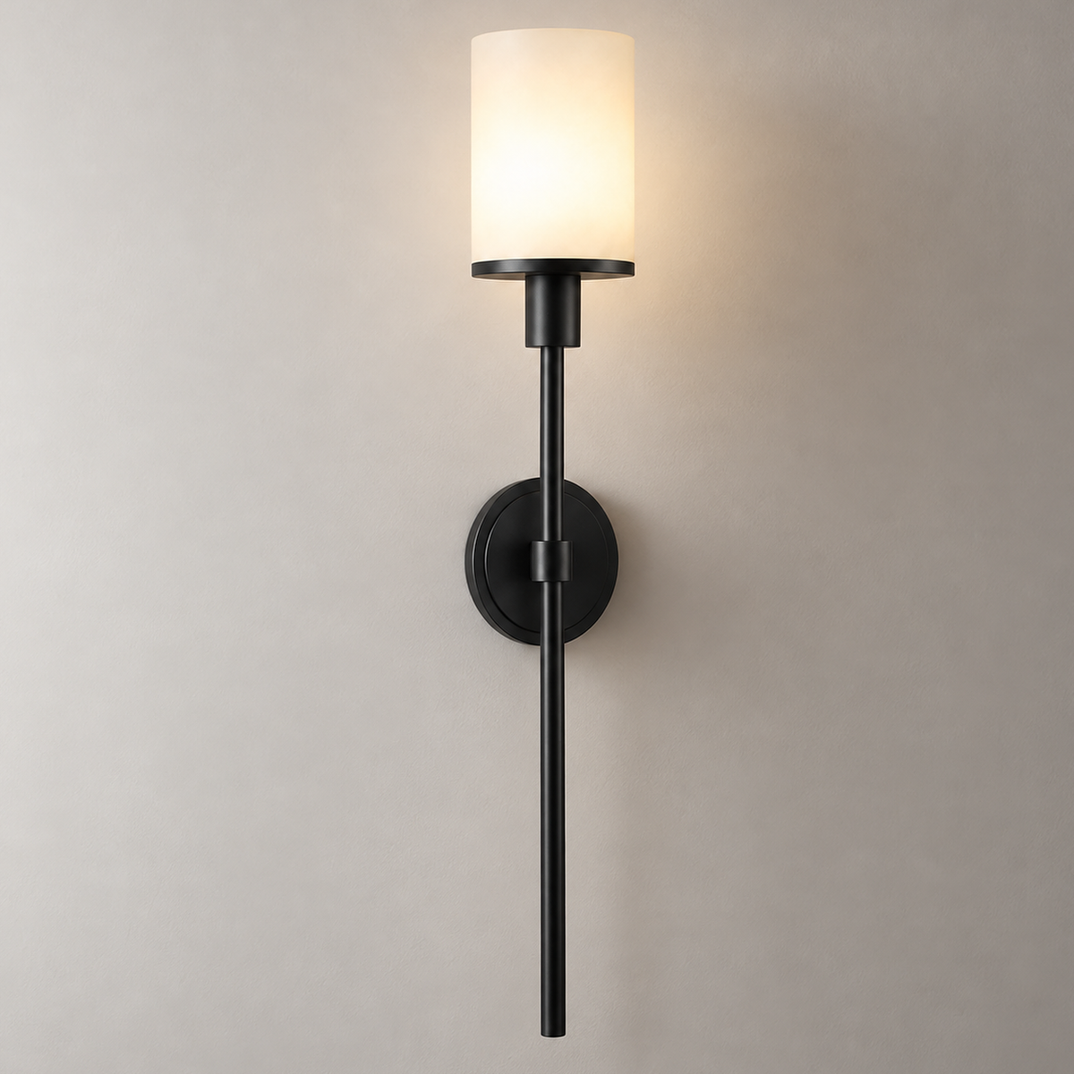 Novella Alabaster Torch Wall Light, black finish, studio photo