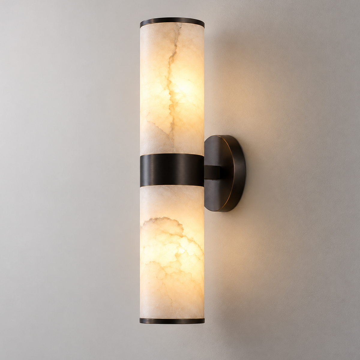 Sirio Alabaster Cylinder Wall Light, black finish, studio photo